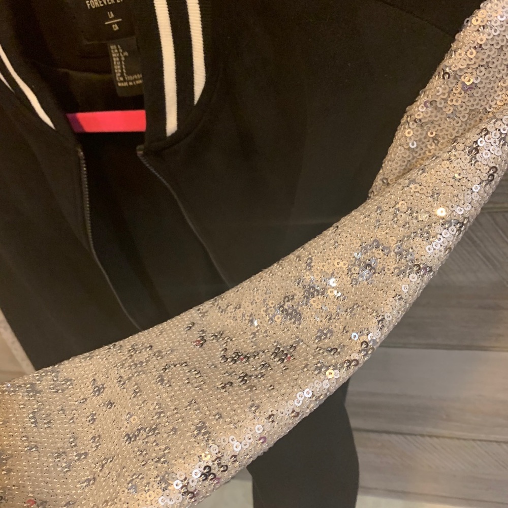 Sequin Sleeve Faux Suede Varsity Jacket - Picture 4 of 7